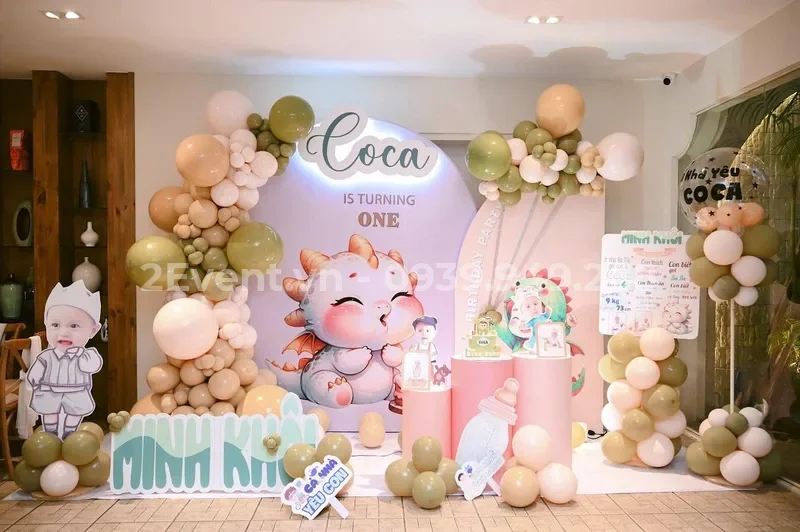 Trang trí bong bóng sinh nhật bé gái tông hồng, trắng, vàng